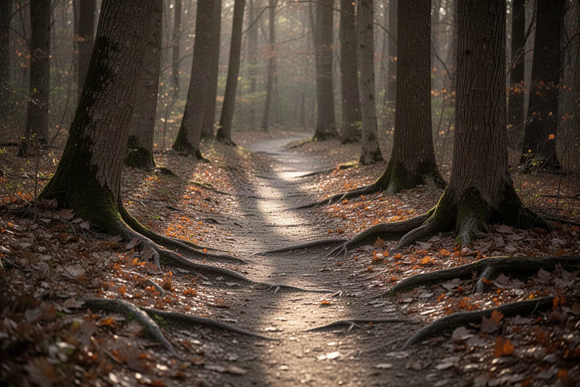 Wurzelreicher Waldweg, bedeckt mit Herbstlaub, im sanften Abendlicht