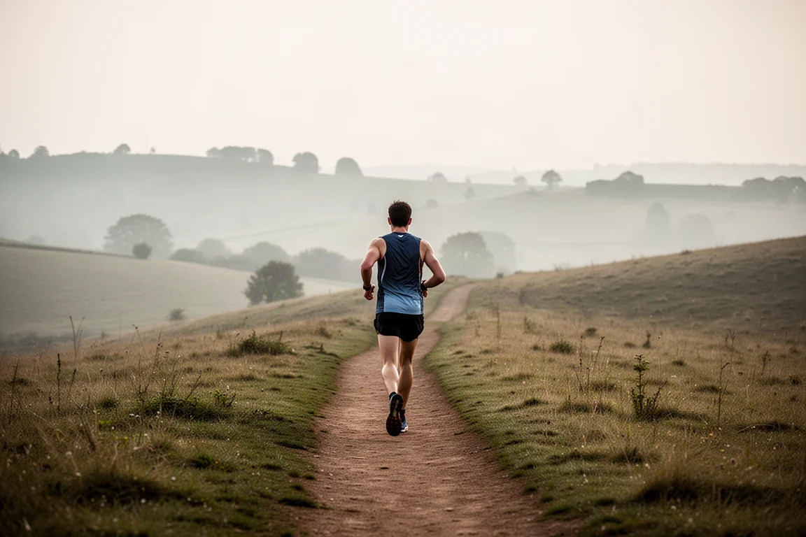Coureur de trail évoluant sur un sentier de terre compact avec des collines douces dans une lumière matinale tamisée