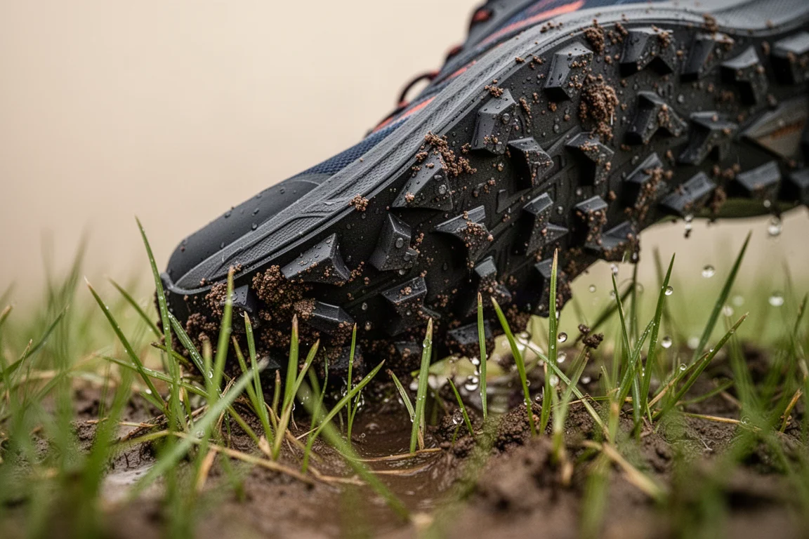 Gros plan sur les crampons profonds en caoutchouc d'une chaussure de trail agrippant un sol boueux