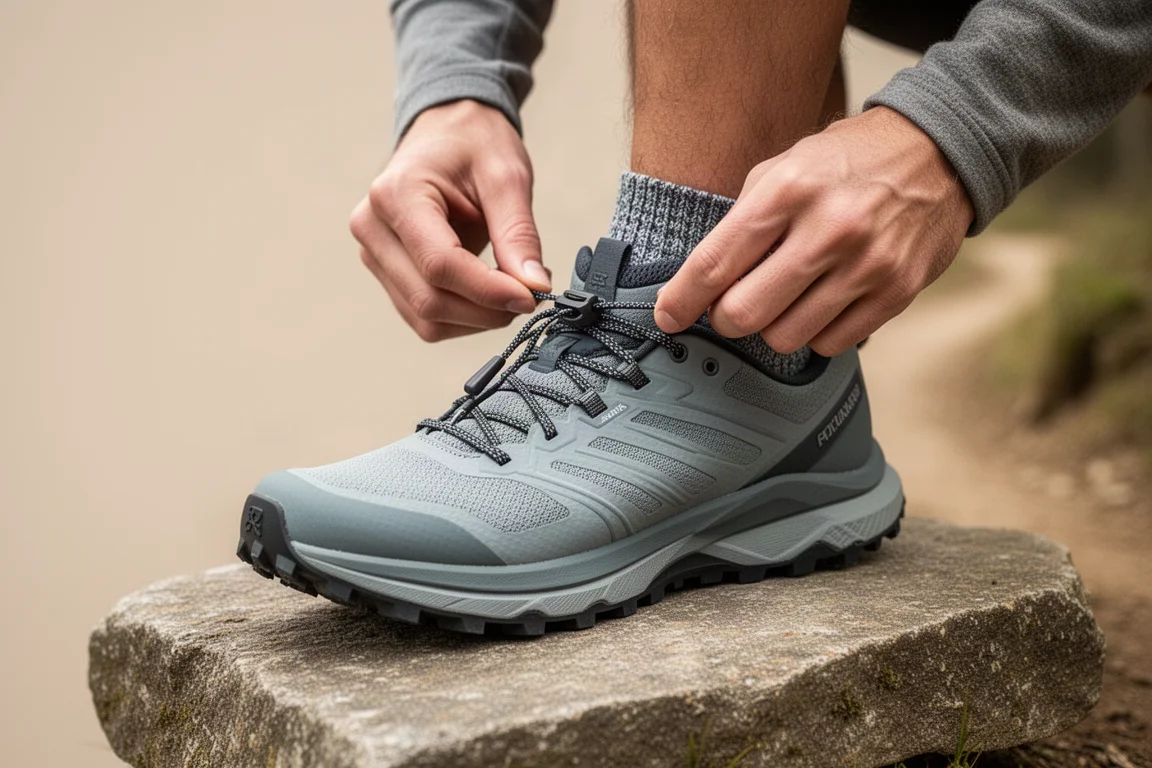 Coureur ajustant le système de laçage rapide d'une chaussure de trail à côté d'un sentier