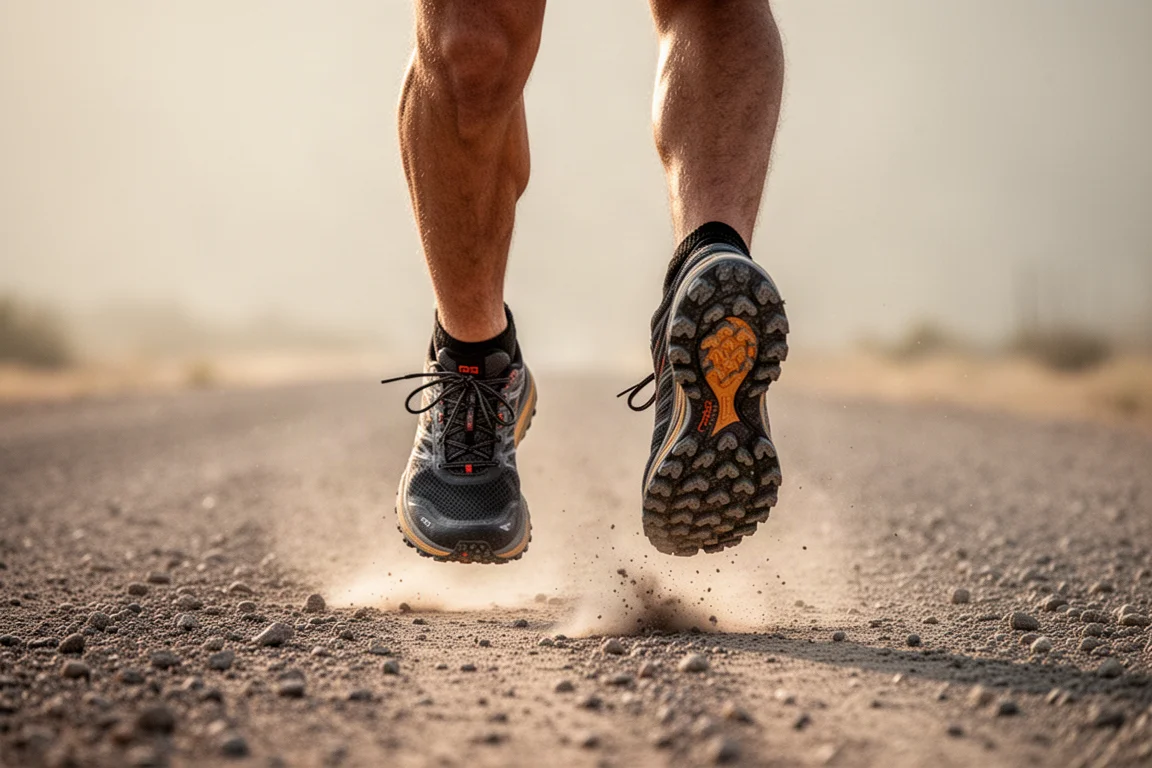 Trail runner's feet on a gravel fire road in warm morning light