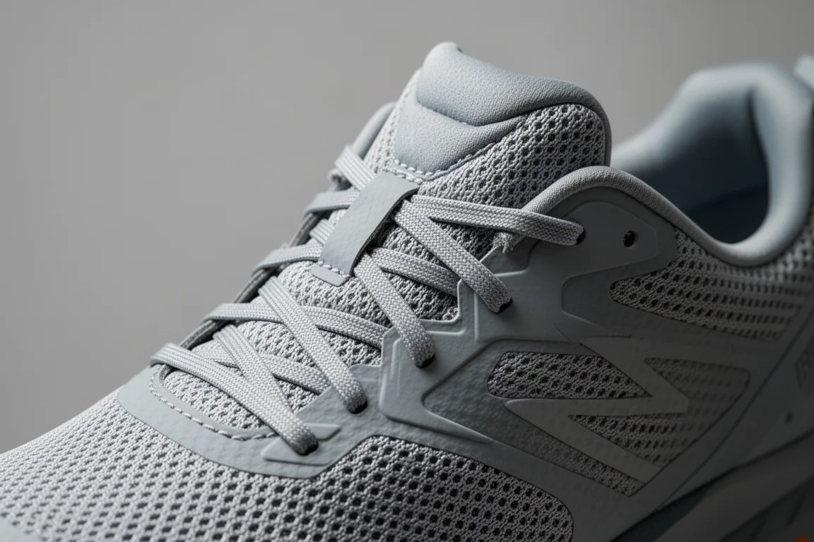 Close-up of a padded breathable trail shoe upper with lacing system