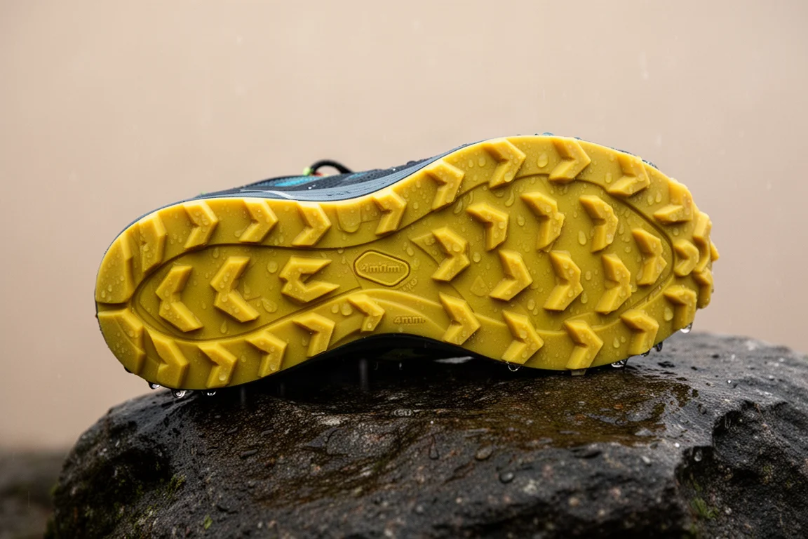 Trail shoe outsole with deep yellow rubber lugs resting on wet rock
