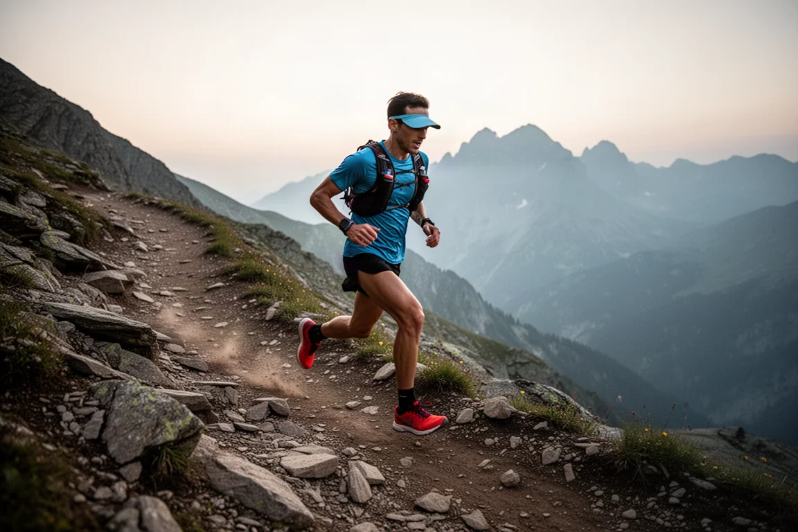 Runner descending a steep alpine trail in the mountains at dusk
