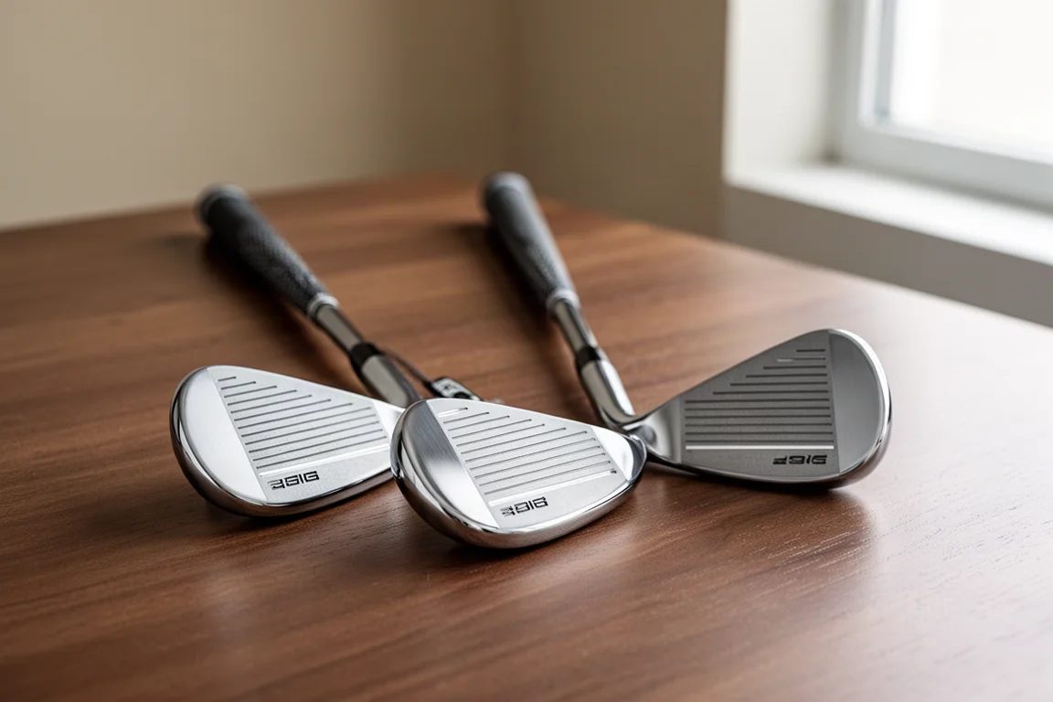 Complete package golf set next to a curated set of individual clubs on concrete surface