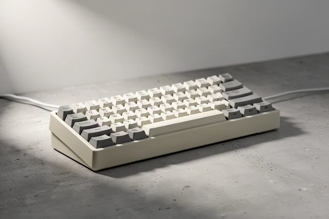 Collezione di tastiere meccaniche tra cui un modello a tema felino e una TKL in alluminio su una superficie di cemento