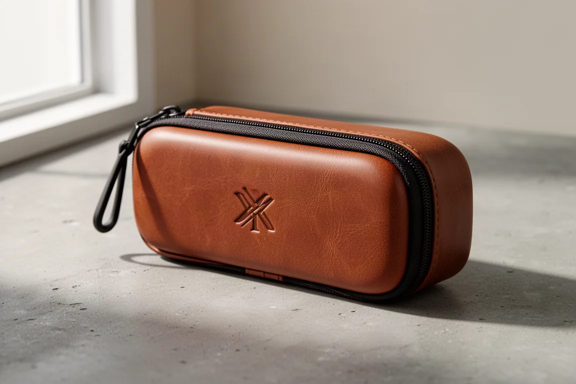 Closed brown round zip pen case on a concrete surface