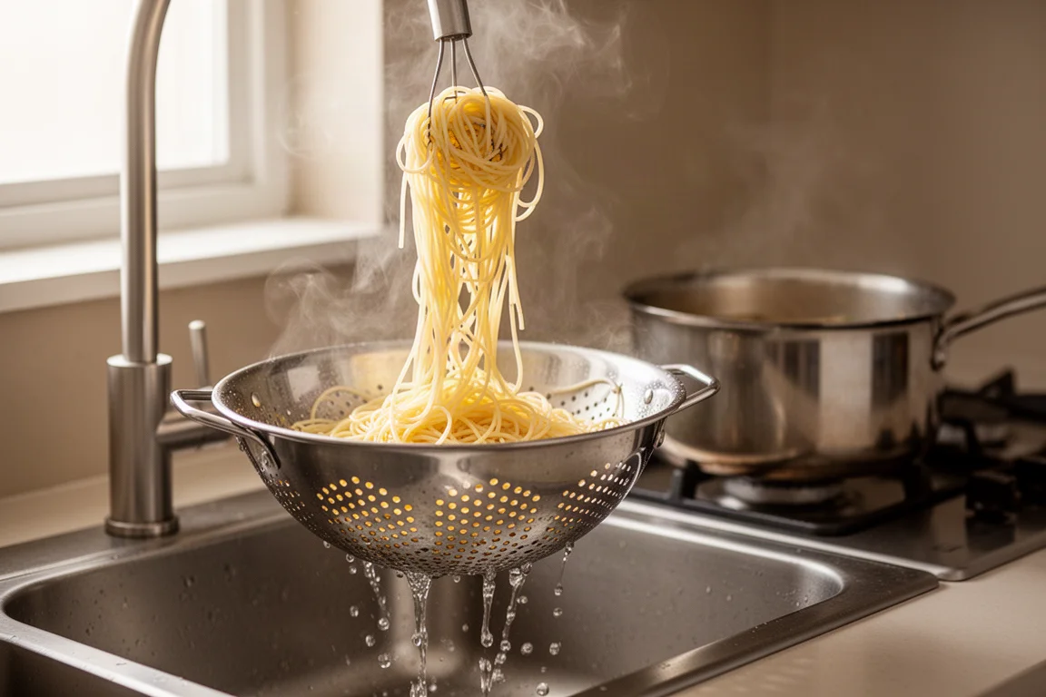 Cook's test kitchen counter with pasta draining into a colander beside a pot