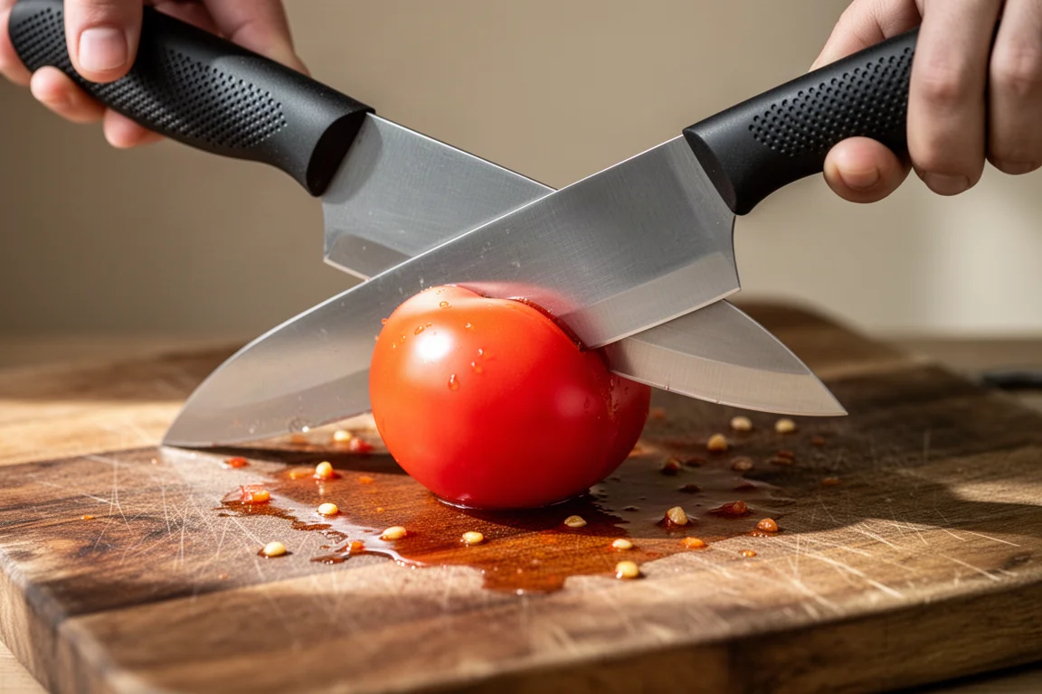 Chef's knife slicing a ripe tomato on a wooden cutting board