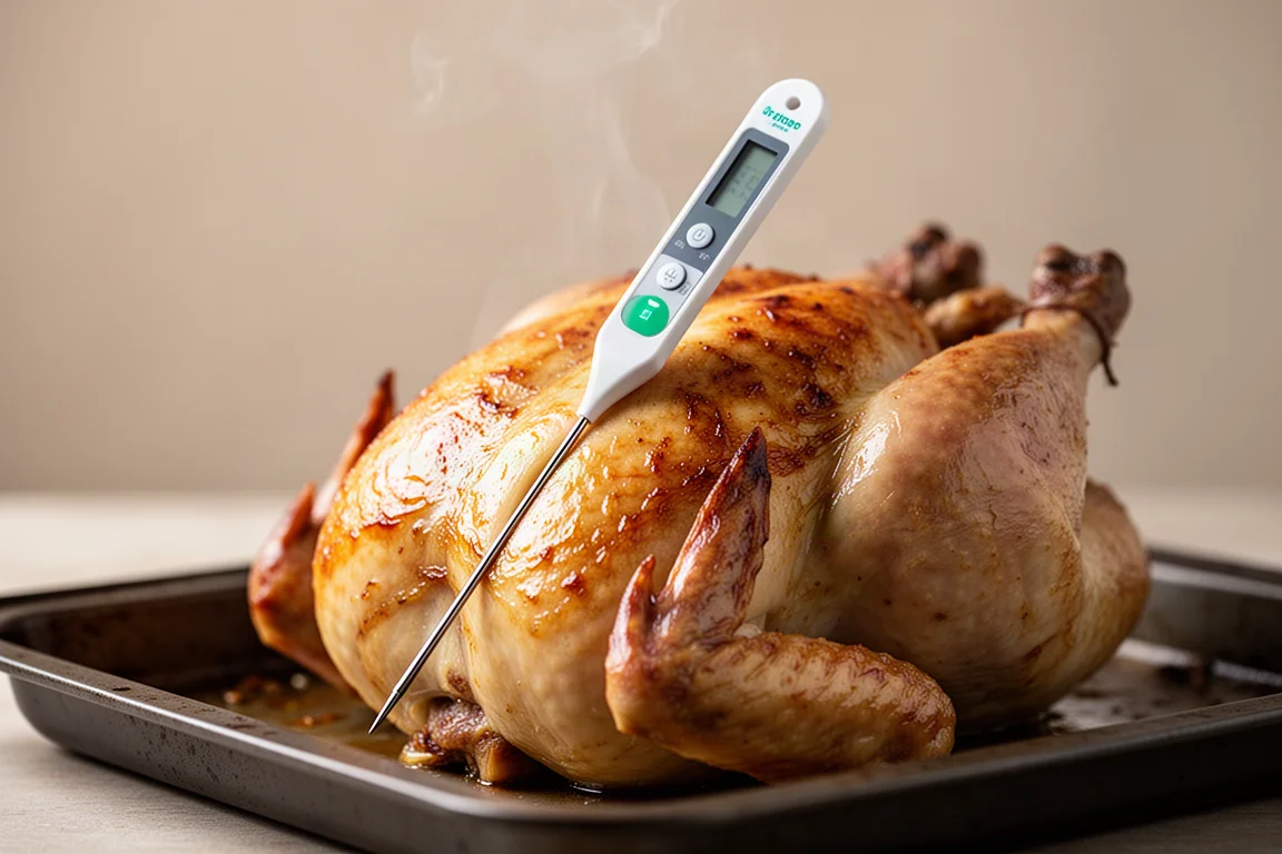 Instant-read thermometer probe checking roast chicken temperature