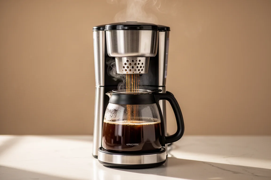 Pour-over style coffee streaming into a thermal carafe coffee maker