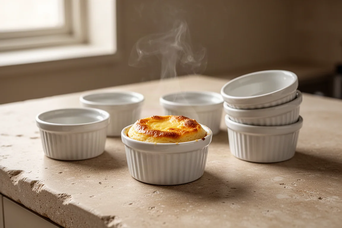 Keramische Förmchen mit gebackenen Desserts auf einer Steintheke