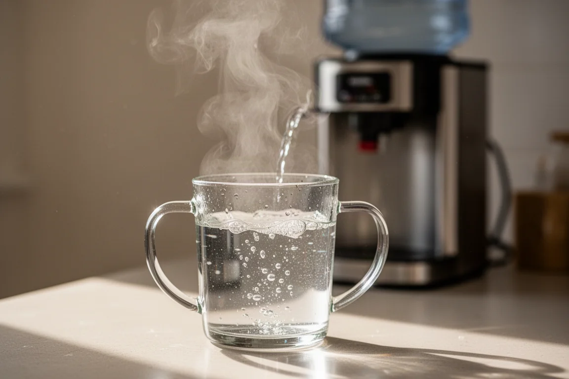 Eine Tasse Tee wird eingegossen, Dampf steigt auf, neben einem Wasserspender auf der Arbeitsplatte