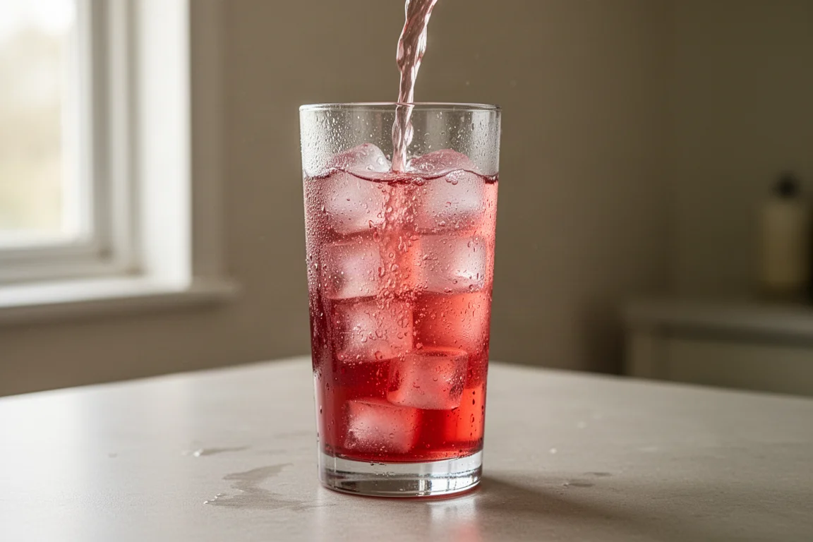Gekühlte Limonade wird bei weichem Tageslicht über Eis in ein Glas gegossen