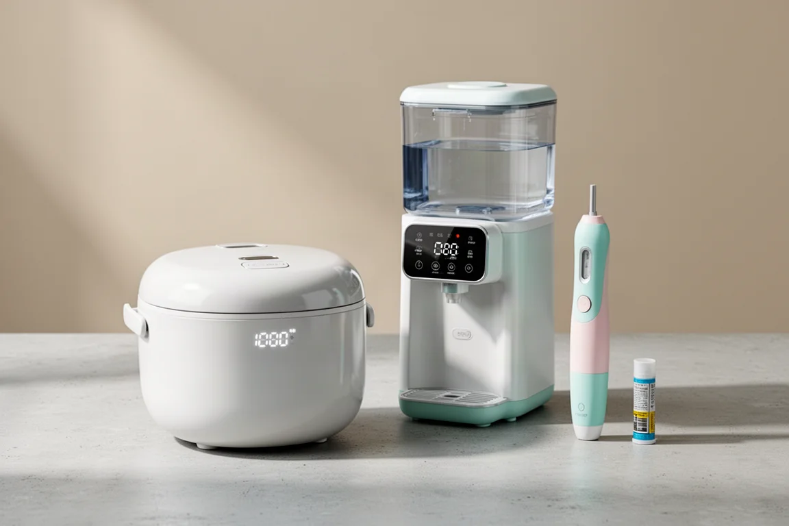 Mini rice cooker, countertop water dispenser and candy pen on a concrete surface