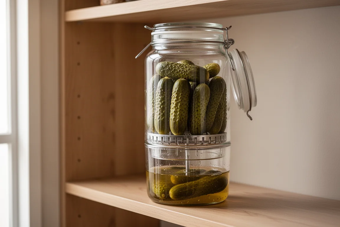 Glass mit eingelegten Gurken im Vorratsschrank, der Deckel umgeklappt, damit die Lake ablaufen kann