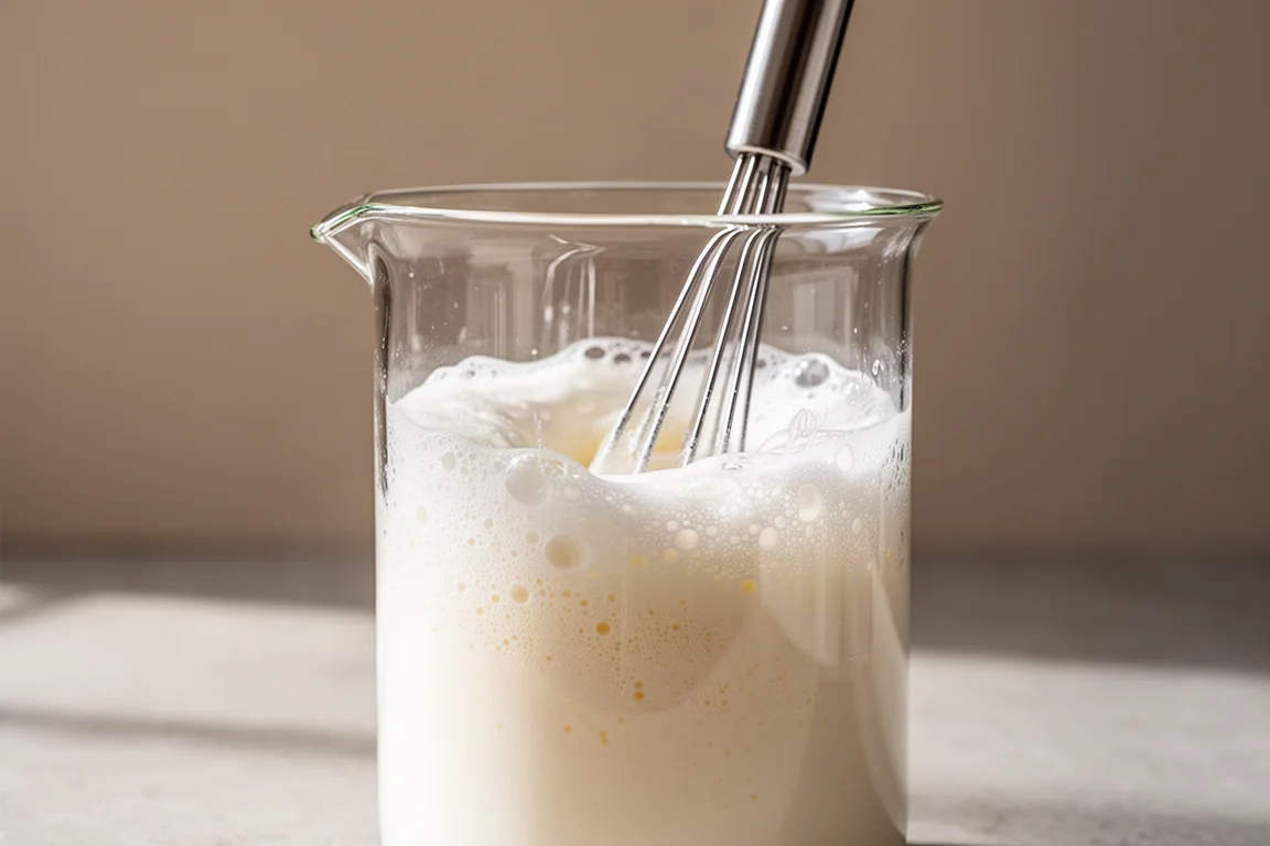 Schneebesen mit dickem, schaumigem Eischnee in einem hohen, schmalen Glasbecher