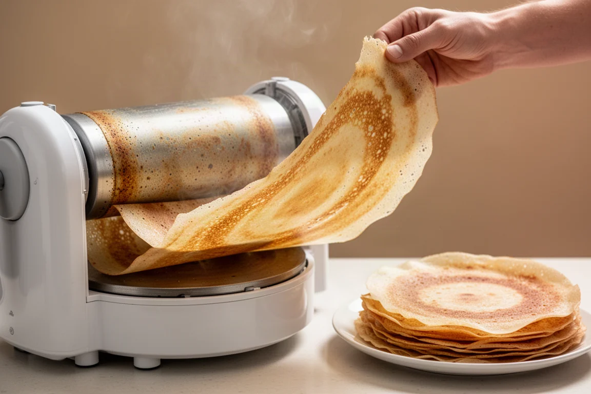 Frisch geprinteter Dosa wird aus einem zylindrischen Dosa-Maker für die Arbeitsplatte auf einen Stapel gehoben