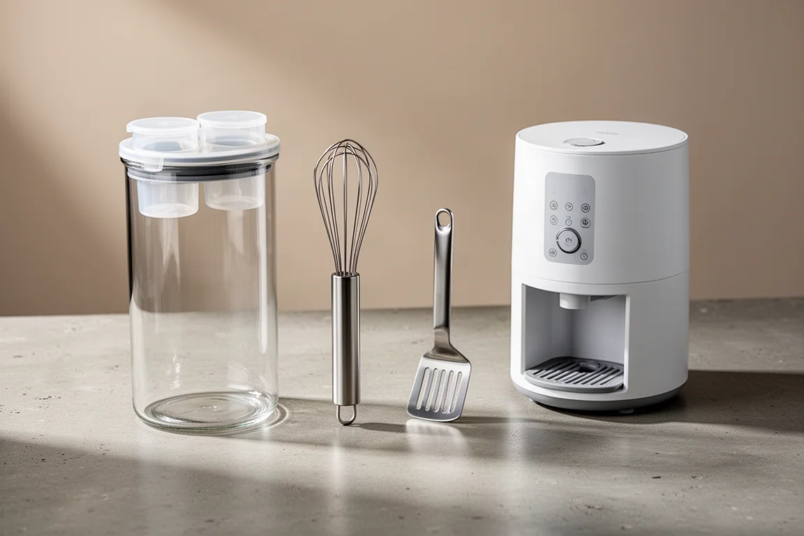 Four kitchen gadgets lined up on a concrete worktop including a jar, whisk, stirrer and countertop appliance