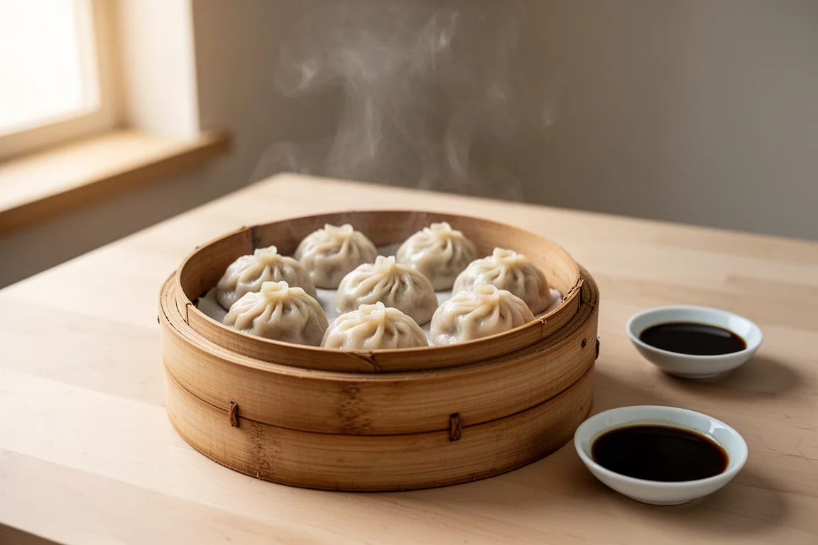 Freshly steamed dumplings arranged in a bamboo steamer basket