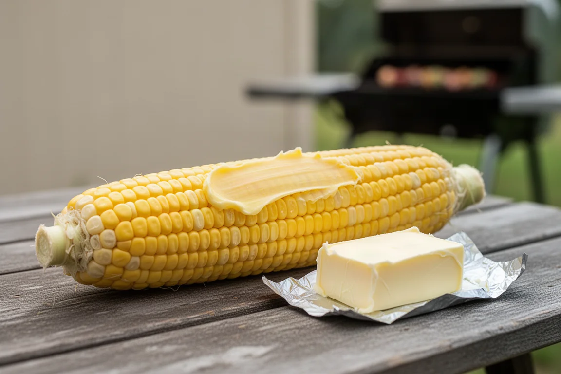 Butter being rubbed over a fresh corn cob on a barbecue side table