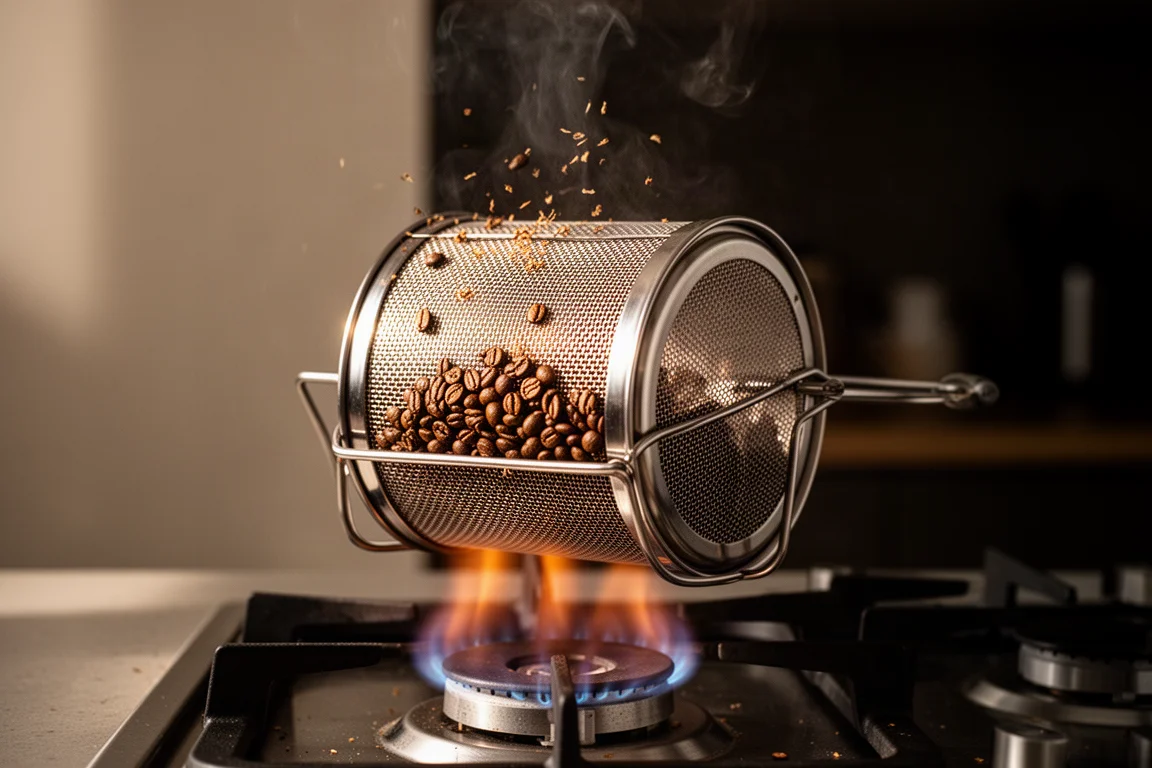 Coffee beans roasting in a mesh drum over an open gas flame
