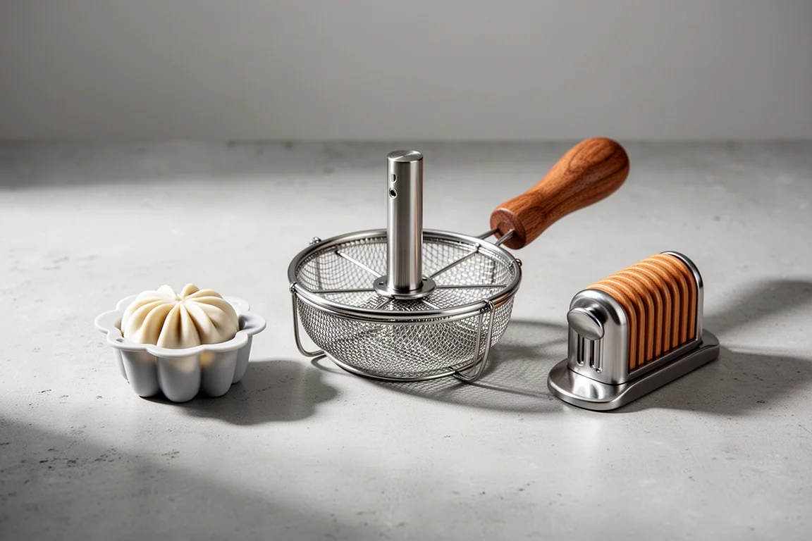 Three kitchen gadgets arranged on a light concrete surface