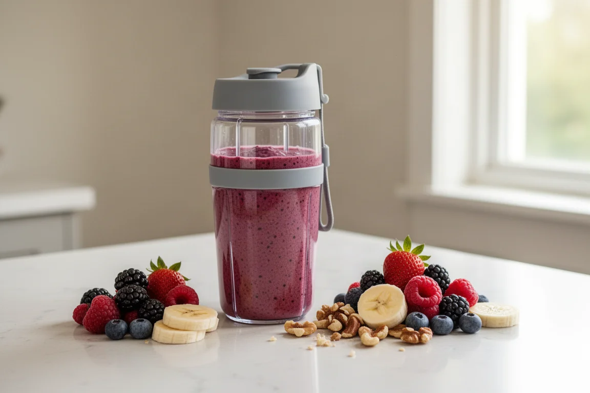 Batido en un vaso de batidora portátil junto a fruta fresca sobre una encimera de cocina