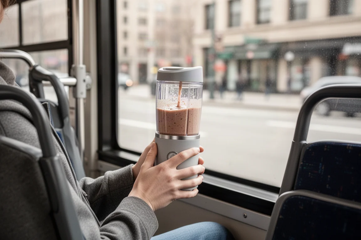 Persona bebiendo de un vaso de batidora portátil mientras viaja en autobús