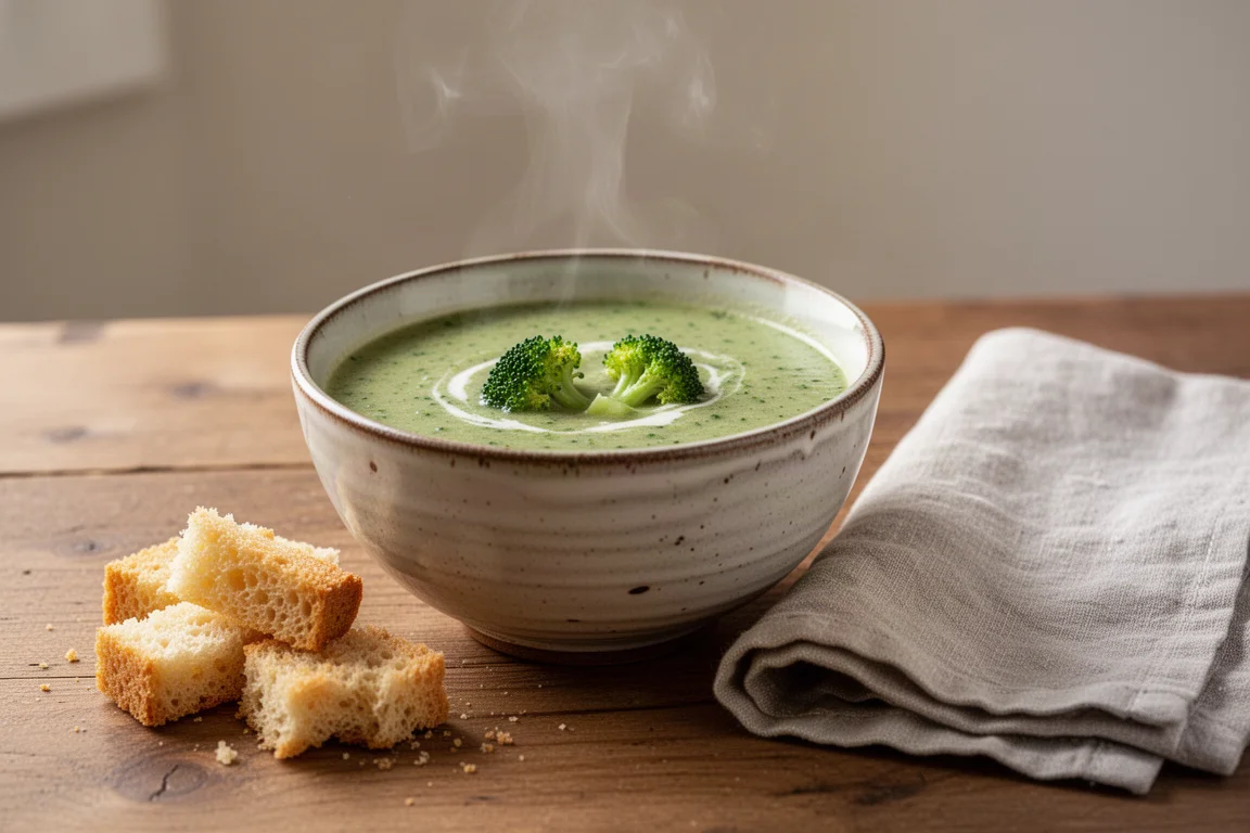 Cuenco de sopa casera humeante con pan sobre una mesa de madera