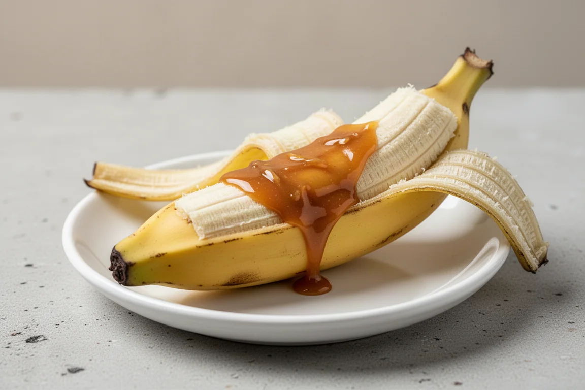 Plátano cortado por la mitad relleno de caramelo sobre un plato