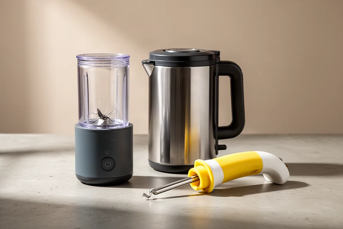 Portable blender, soup maker and banana coring tool arranged on a concrete surface