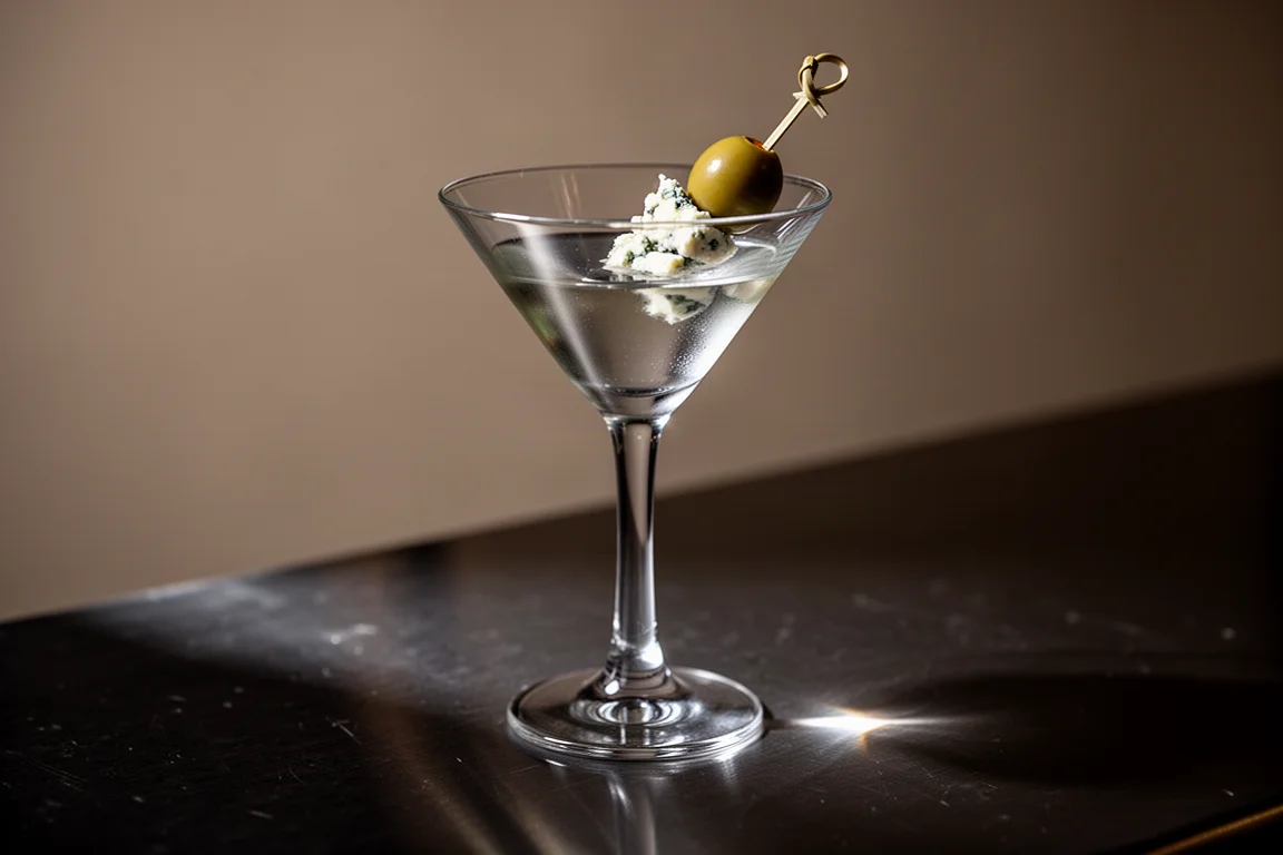 Martini-Glas mit gefüllter Olive auf dunkler Bartheke