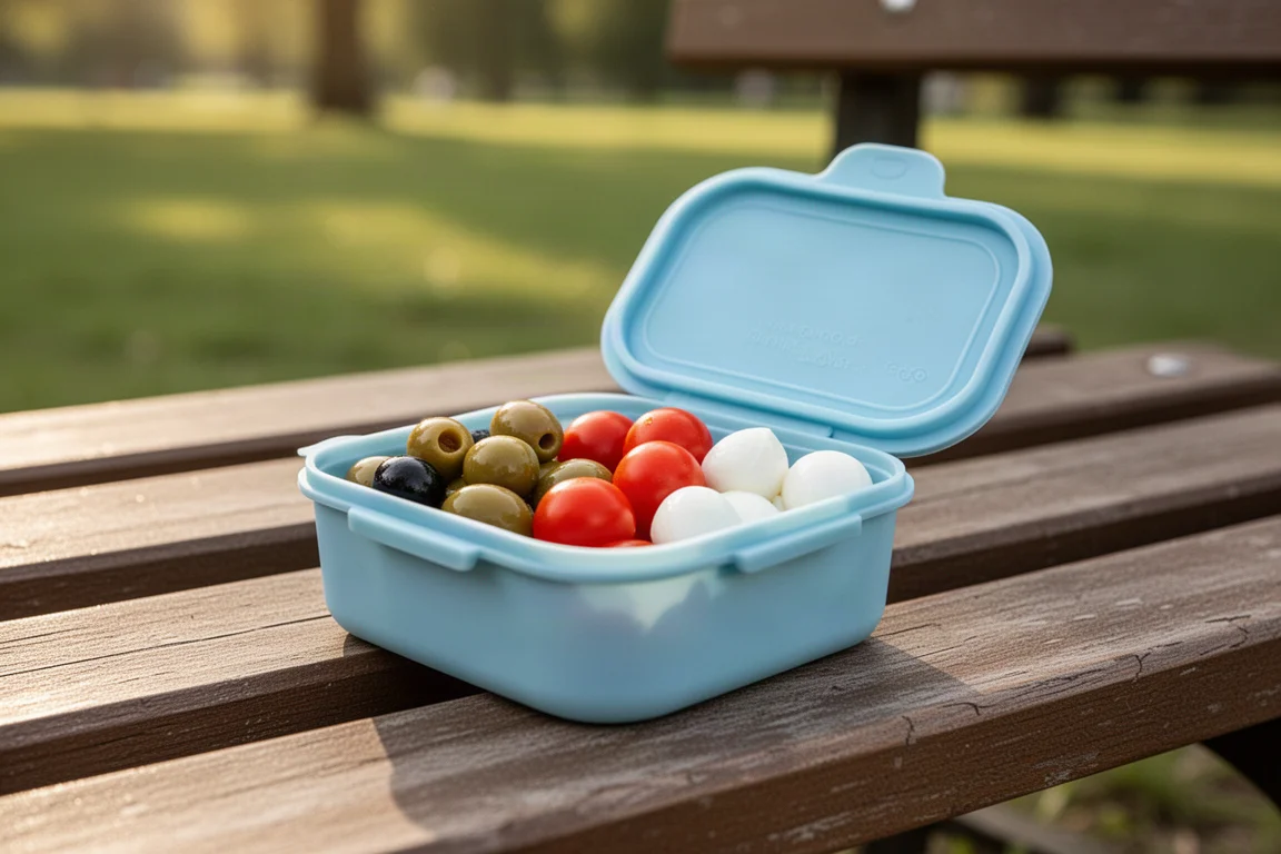 Picknickszene mit Snacks in einem blauen Behälter mit Deckel auf einer Parkbank