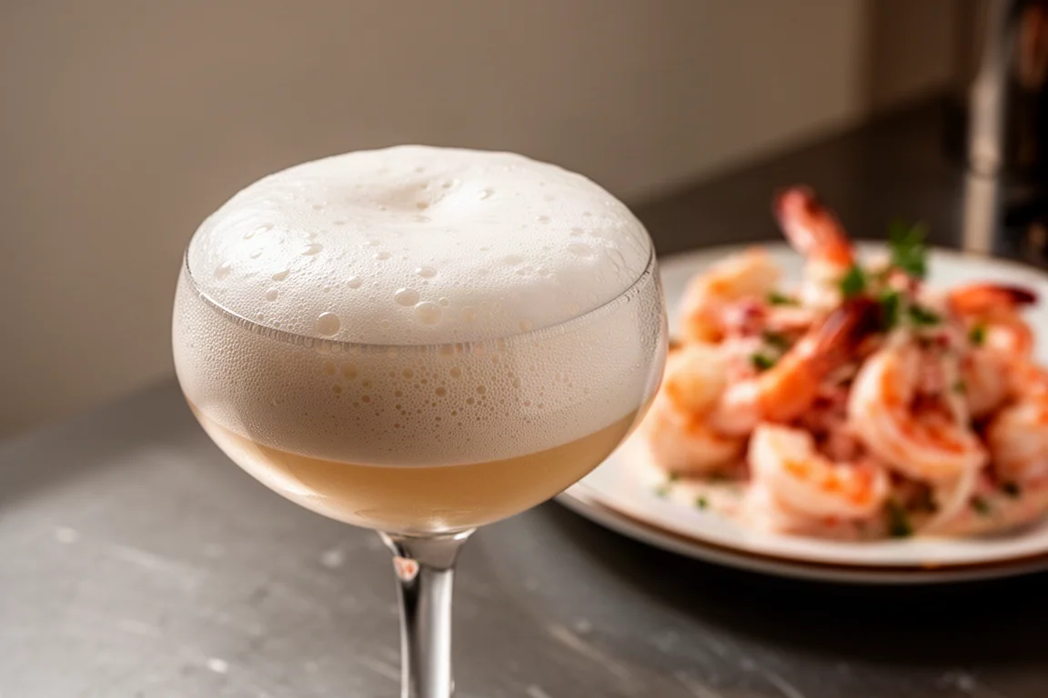 Cocktailglas mit dichter, stabiler Schaumschicht auf einer Servicetheke