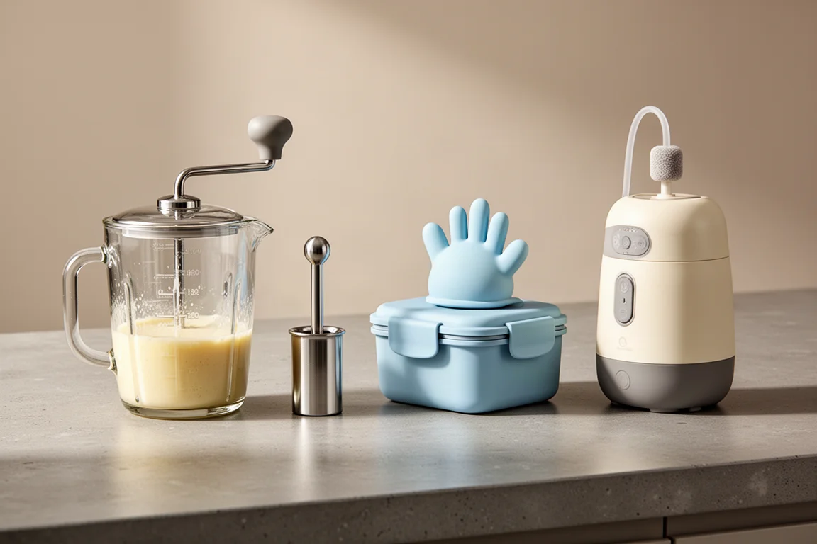 Four kitchen gadgets lined up on a concrete counter, including a mixing jug, olive tool, blue snack bowl and foam device