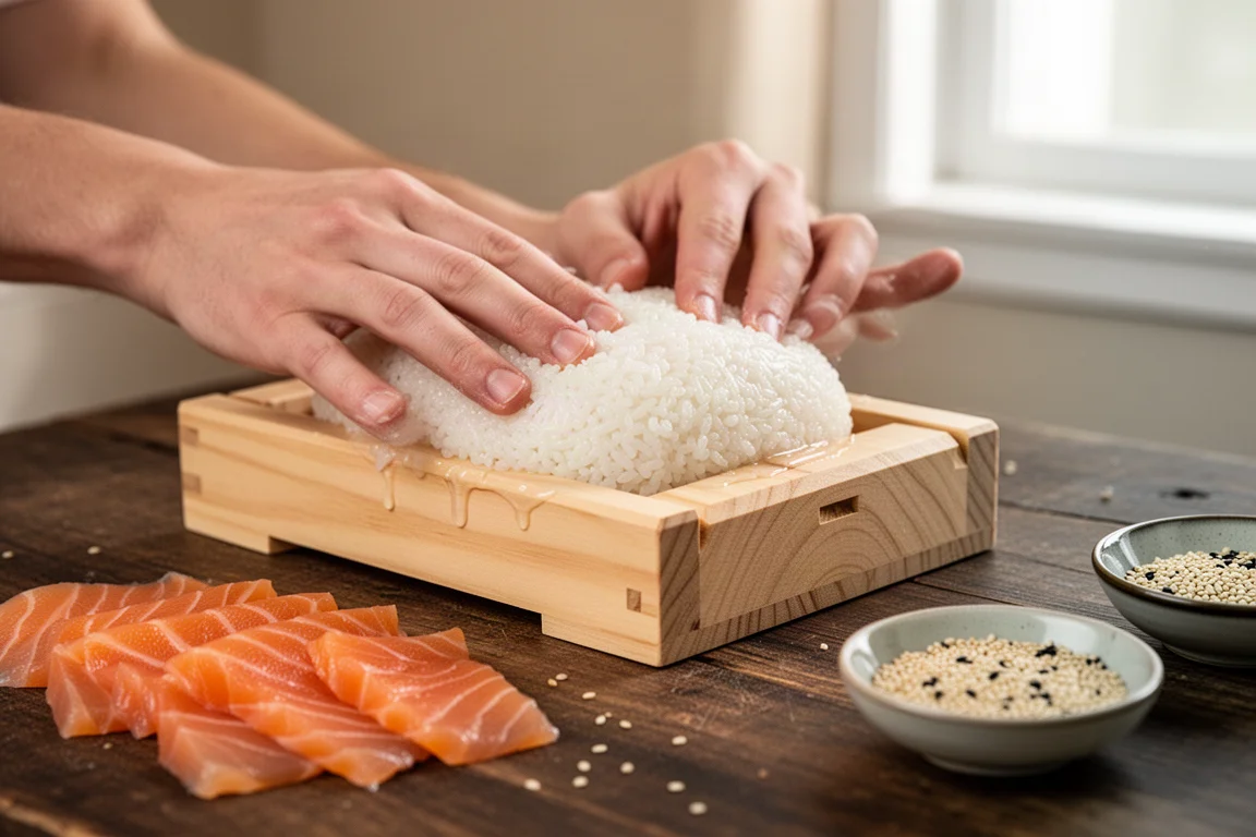 Kleisty ryż wkładany do drewnianej formy do sushi na blacie kuchennym
