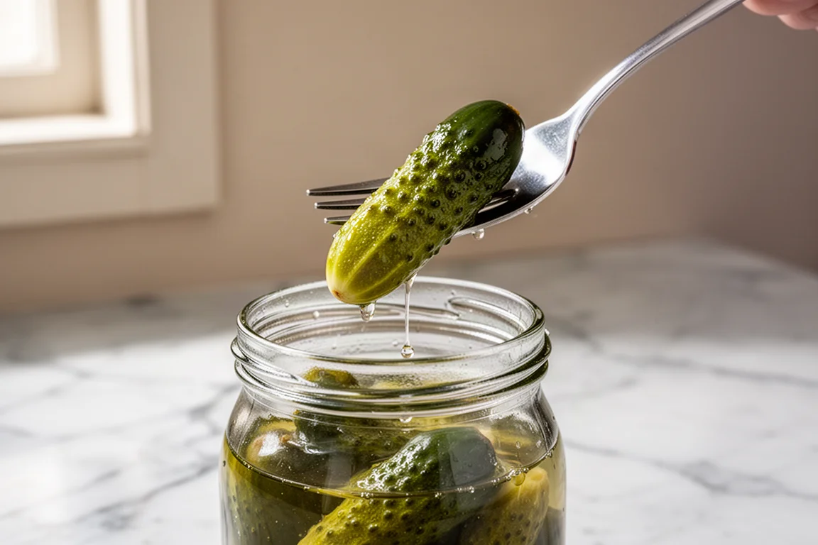 A pickle being lifted from a glass jar with a long metal fork