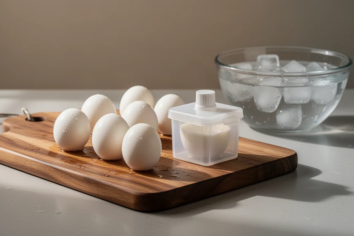Hard-boiled eggs and a square mould on a wooden cutting board