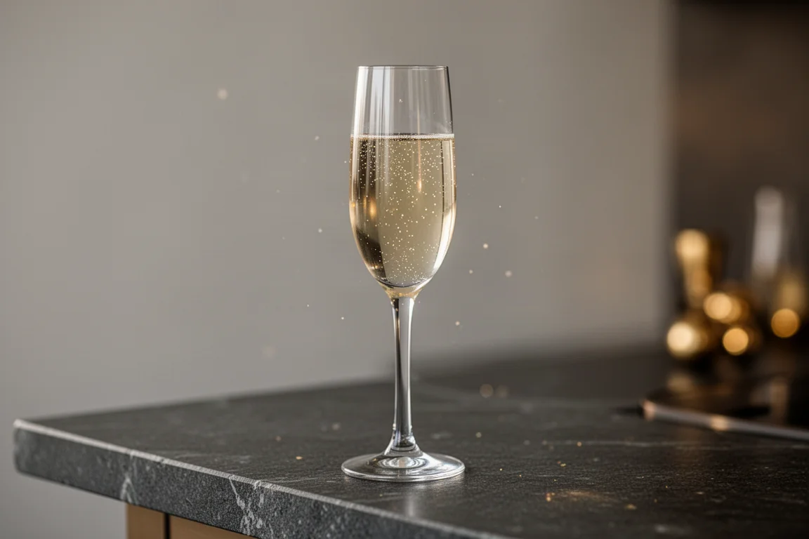 A glass of sparkling wine catching warm light on a bar counter