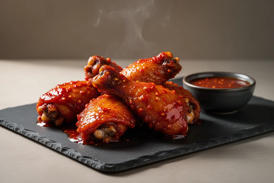 Chicken wings coated in a deep red hot sauce on a slate serving board