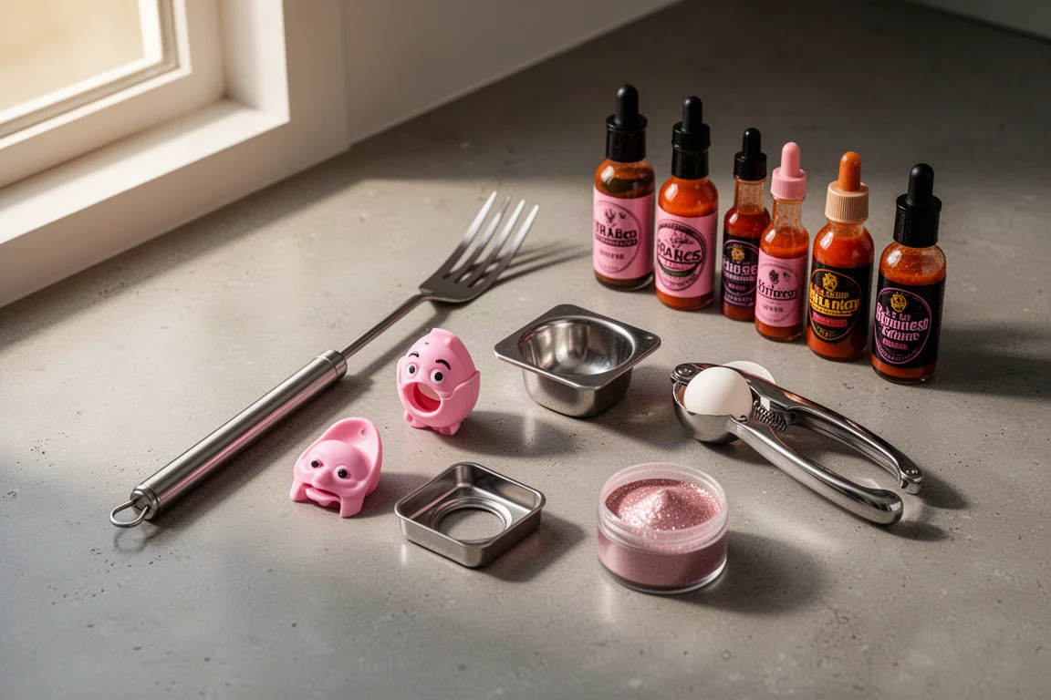 Kitchen gadgets and hot sauce bottles arranged on a concrete counter