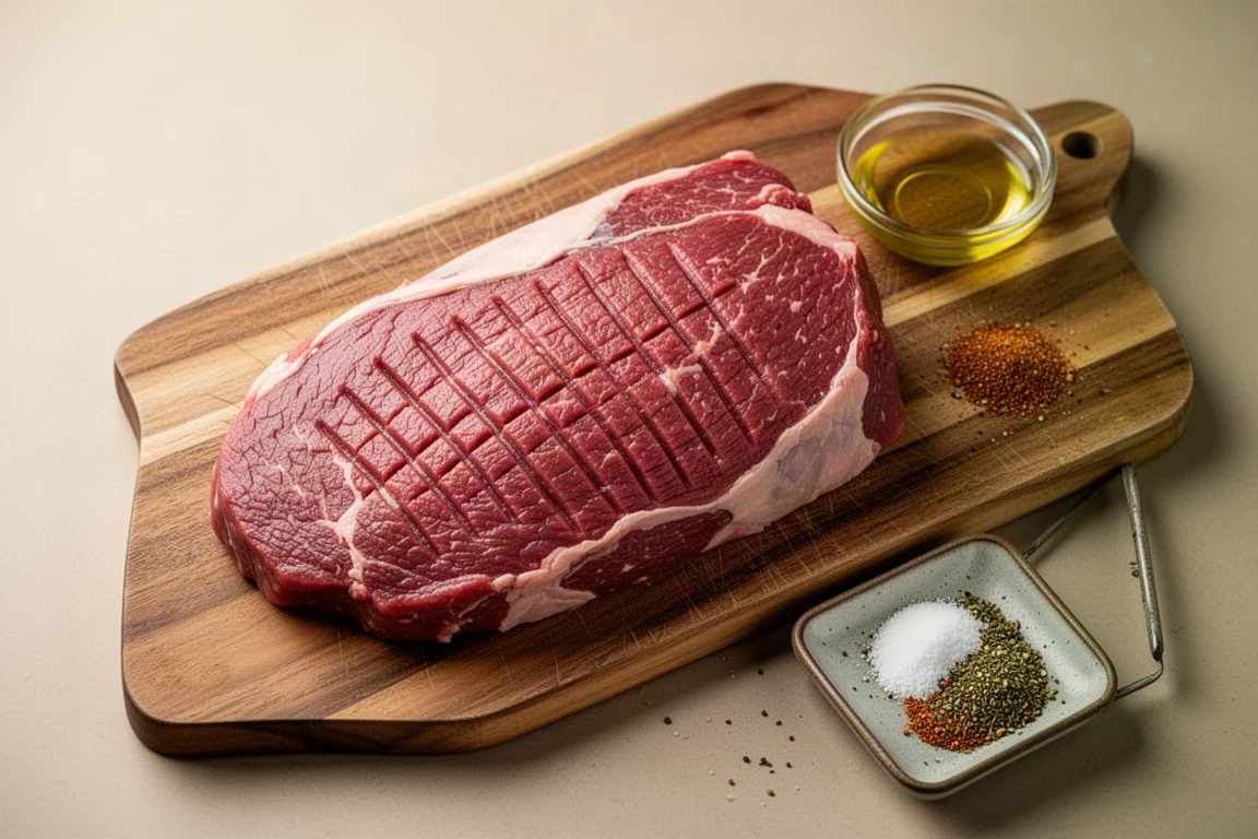 牛肉烤肉塊在木質砧板上被壓平並嫩化