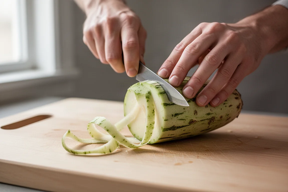 Hands peeling a firm vegetable with a small knife on a kitchen board