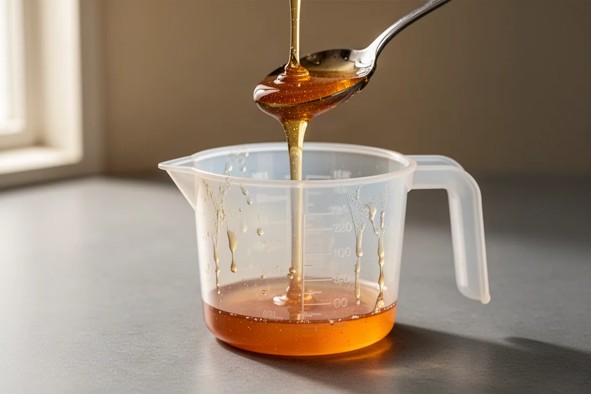 Sticky honey being drizzled into a measuring cup on a worktop