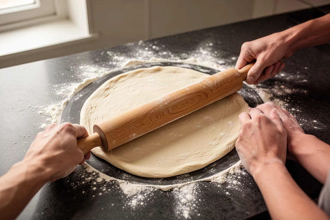 Fresh pizza dough being rolled thin with a wooden rolling pin