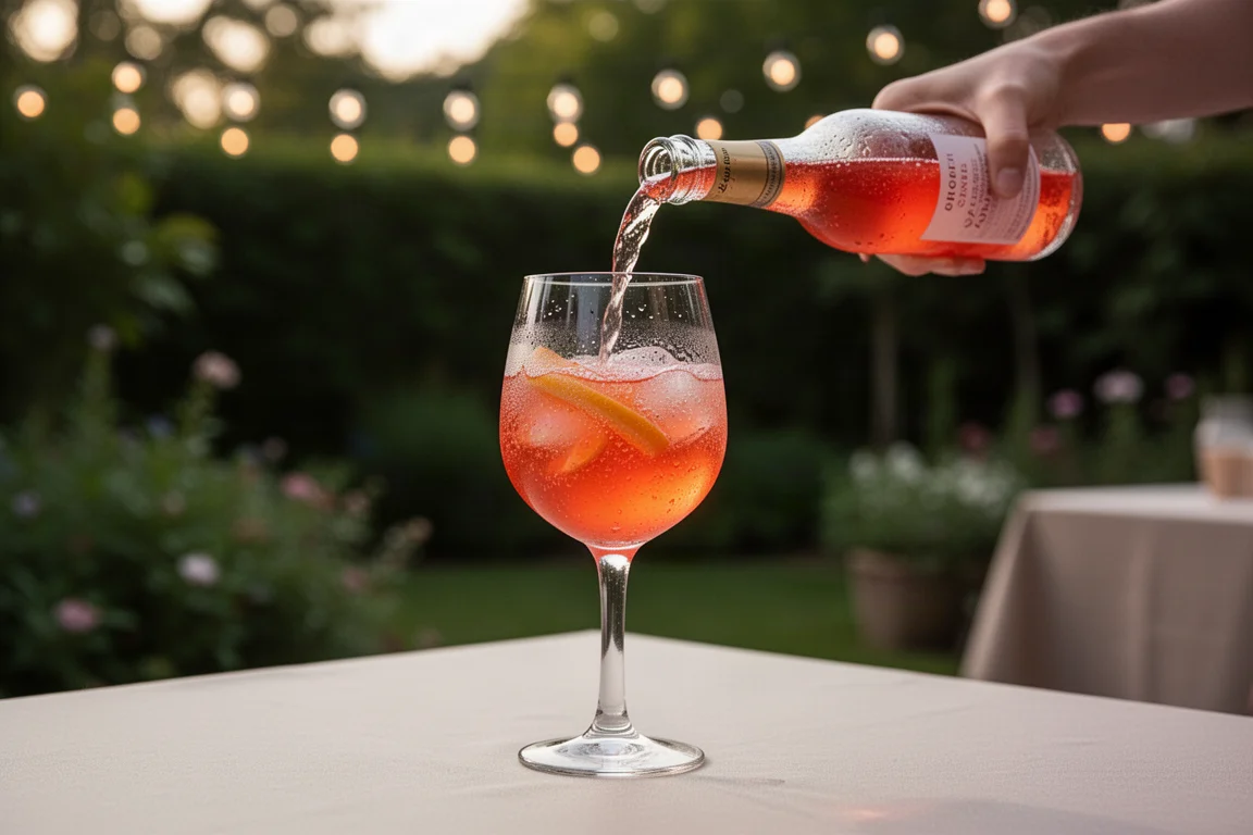 Chilled spritz being poured into a glass at an outdoor garden gathering