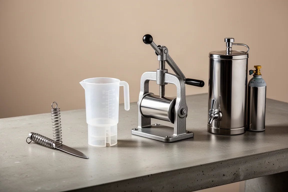 Four kitchen gadgets lined up on a concrete worktop including a knife, measuring cup, dough press and drinks tank
