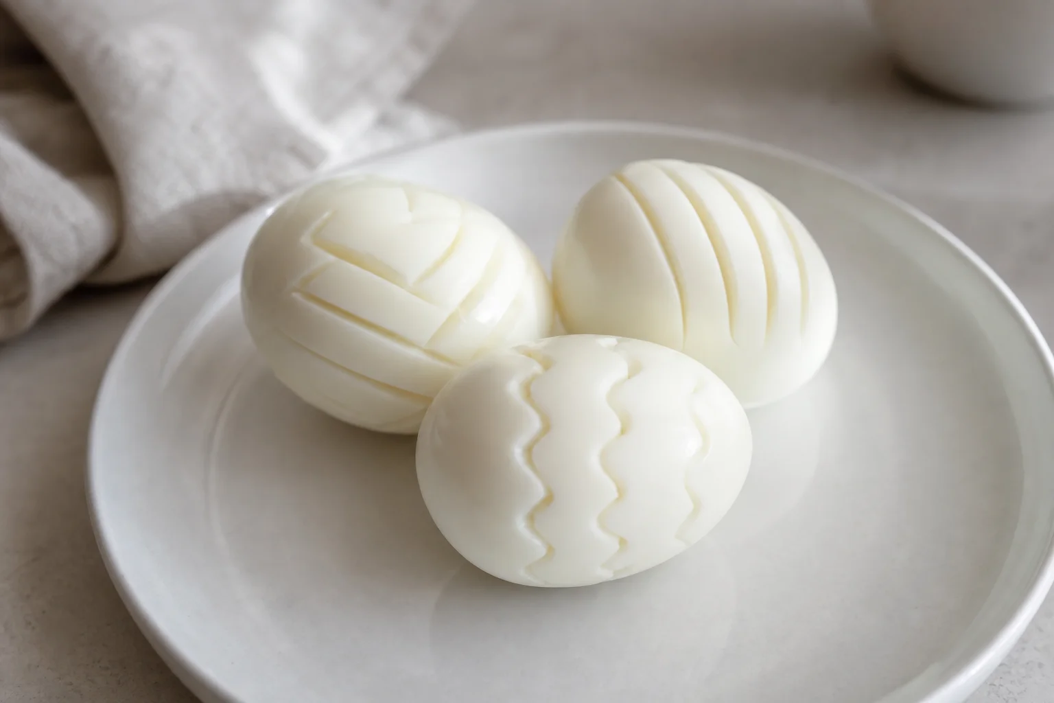 Decorated boiled eggs with patterned cuts on a white plate