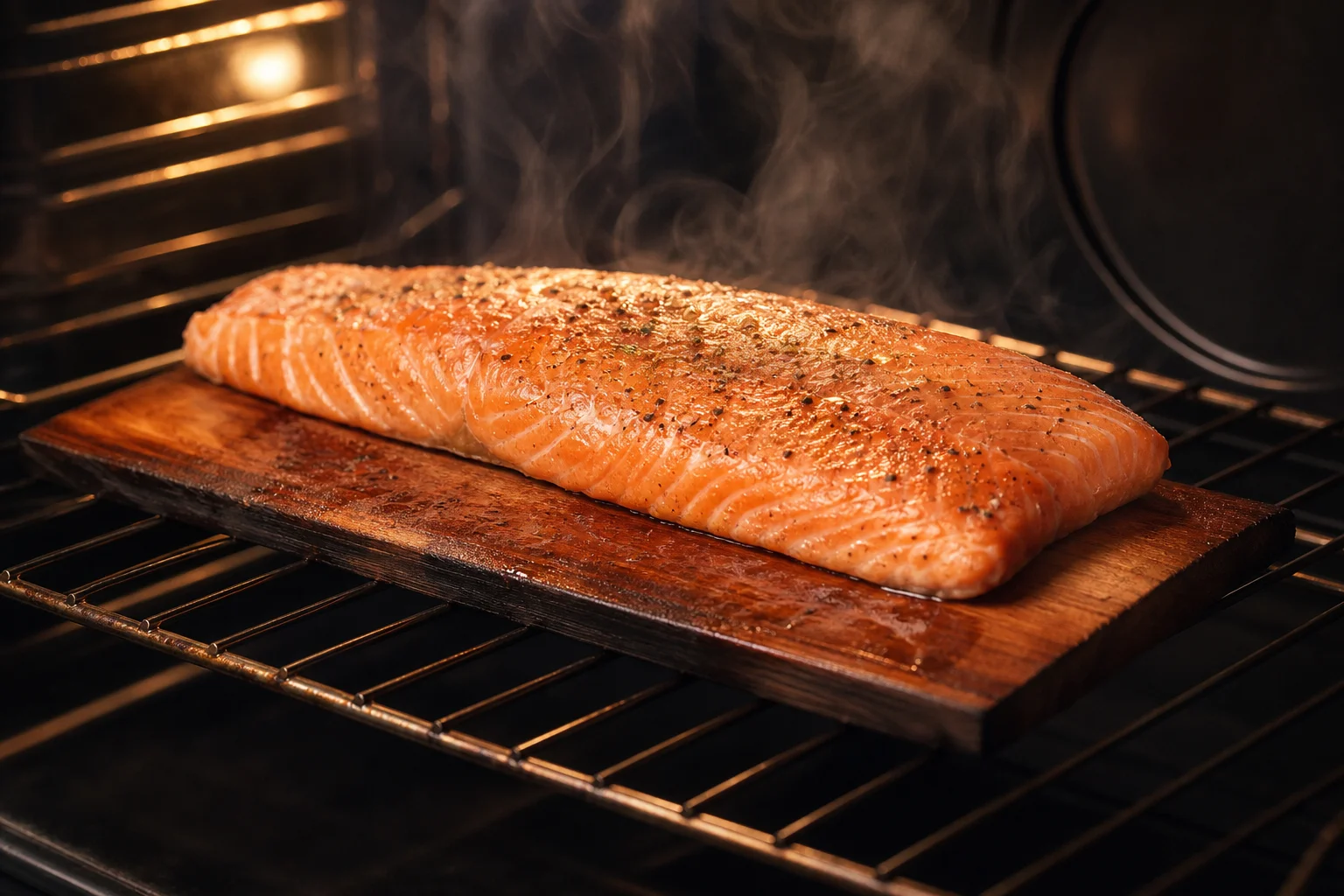 Salmon fillet on a cedar plank in an oven with steam rising